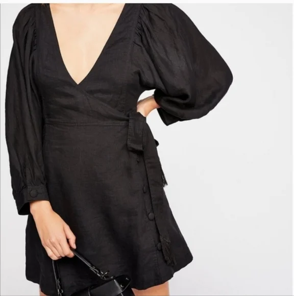 FREE PEOPLE Black Linen Carino Mini Wrap Dress Small Petite - Picture 1 of 14